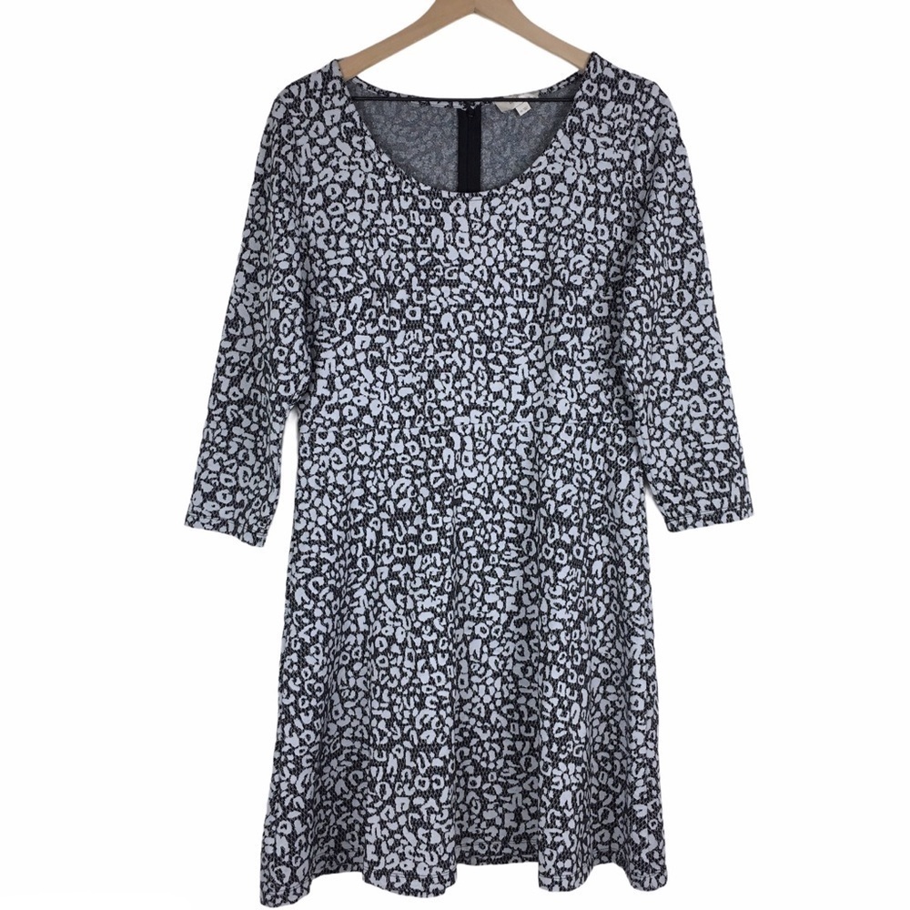 LOFT Dress Leopard Animal Print Jacquard Metallic 3/4 Sleeves Stretchy Size 10